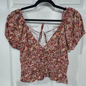 NWOT Sim & Sam Burgundy Floral Crop Top Puffy Sleeves in Size XL
